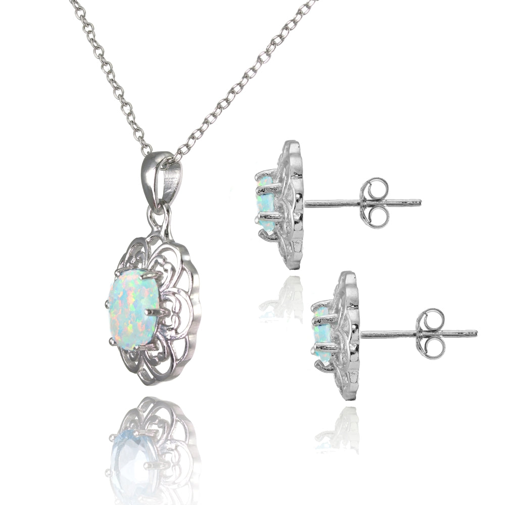 Sterling Silver Created Opal Oval Filigree Flower Pendant Necklace and Stud Earrings Set-2