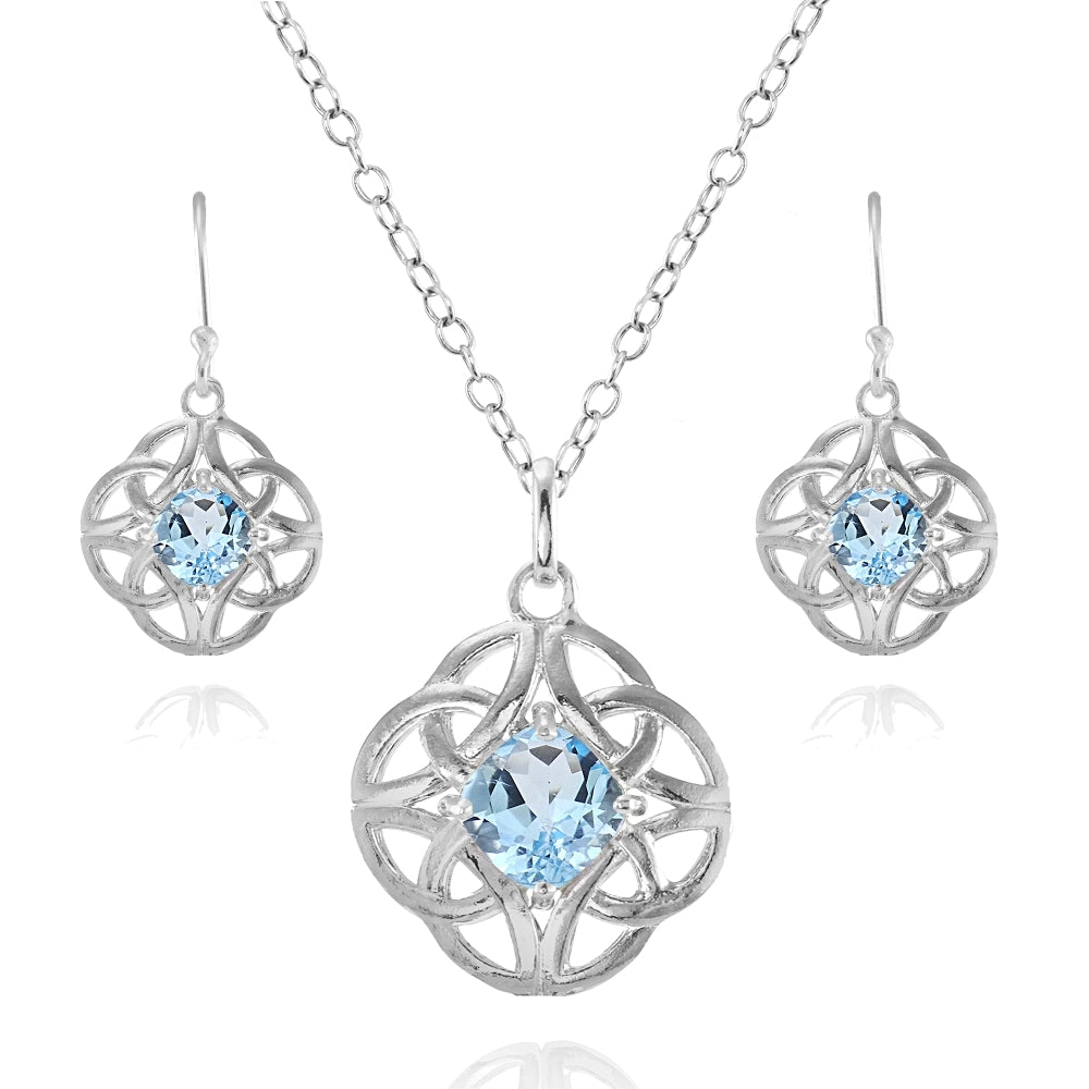Sterling Silver Blue Topaz Cushion-Cut Celtic Knot Pendant Necklace and Dangle Earrings Set