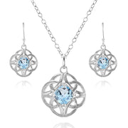 Sterling Silver Blue Topaz Cushion-Cut Celtic Knot Pendant Necklace and Dangle Earrings Set