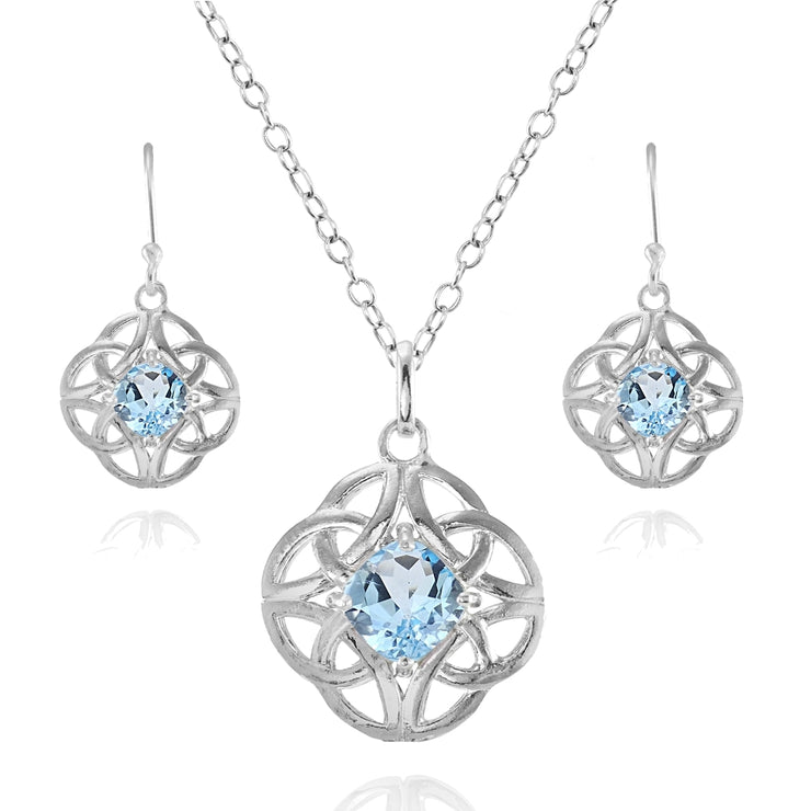 Sterling Silver Blue Topaz Cushion-Cut Celtic Knot Pendant Necklace and Dangle Earrings Set