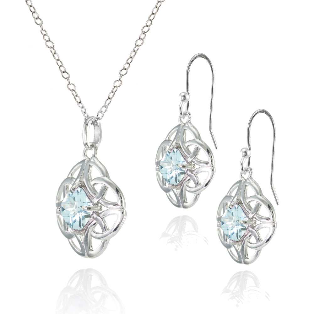 Sterling Silver Blue Topaz Cushion-Cut Celtic Knot Pendant Necklace and Dangle Earrings Set-2