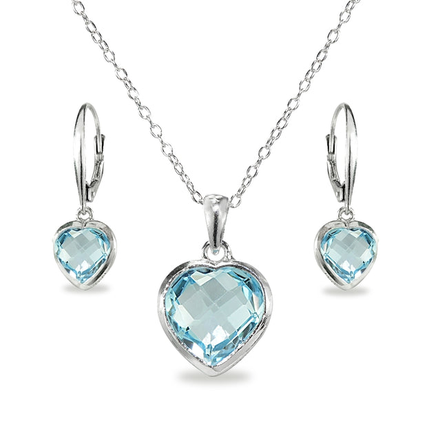 Sterling Silver Blue Topaz Bezel-Set Heart Pendant Necklace and Dangle Earrings Set