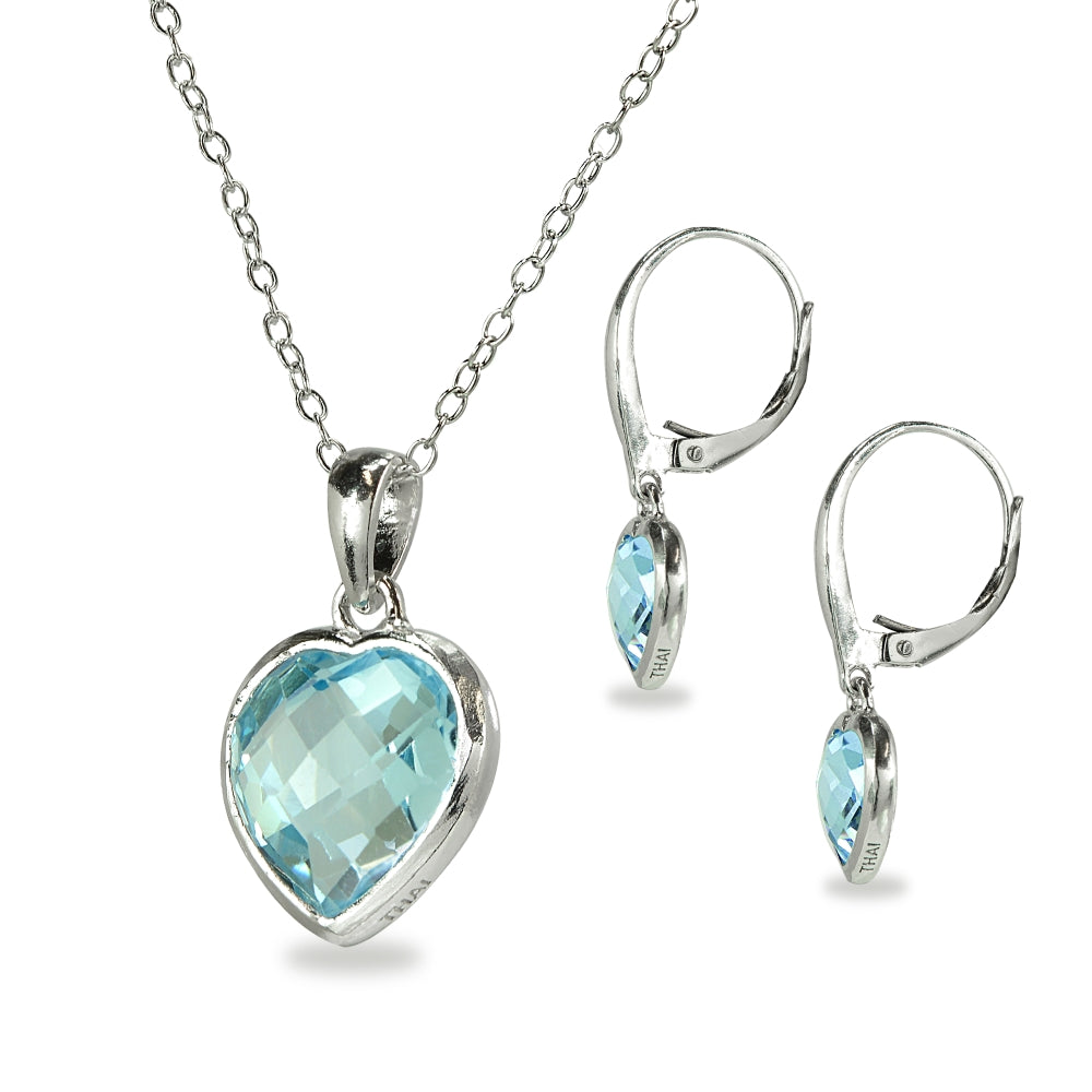 Sterling Silver Blue Topaz Bezel-Set Heart Pendant Necklace and Dangle Earrings Set-2