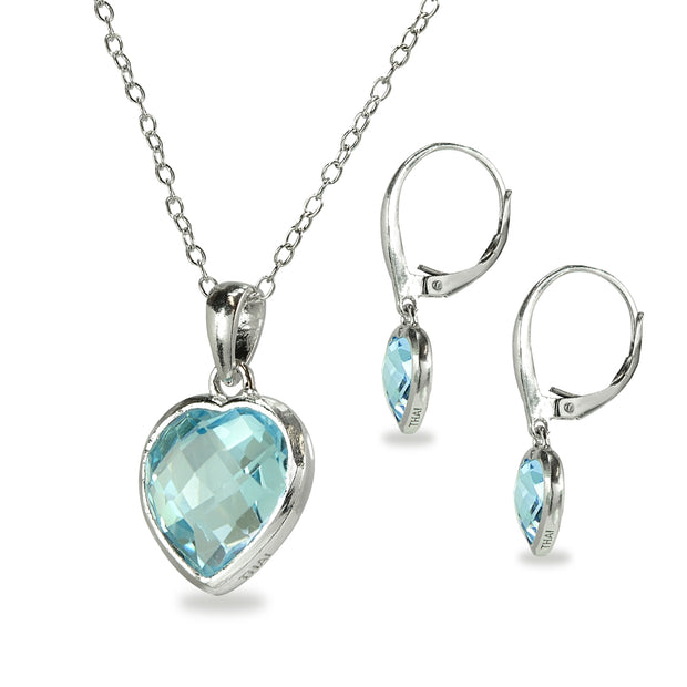 Sterling Silver Blue Topaz Bezel-Set Heart Pendant Necklace and Dangle Earrings Set