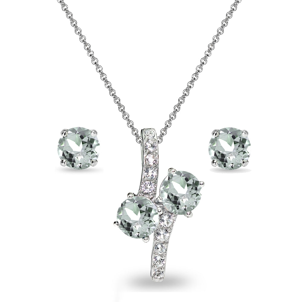 Sterling Silver Light Aquamarine Round Stud Earrings & Friendship Necklace Set