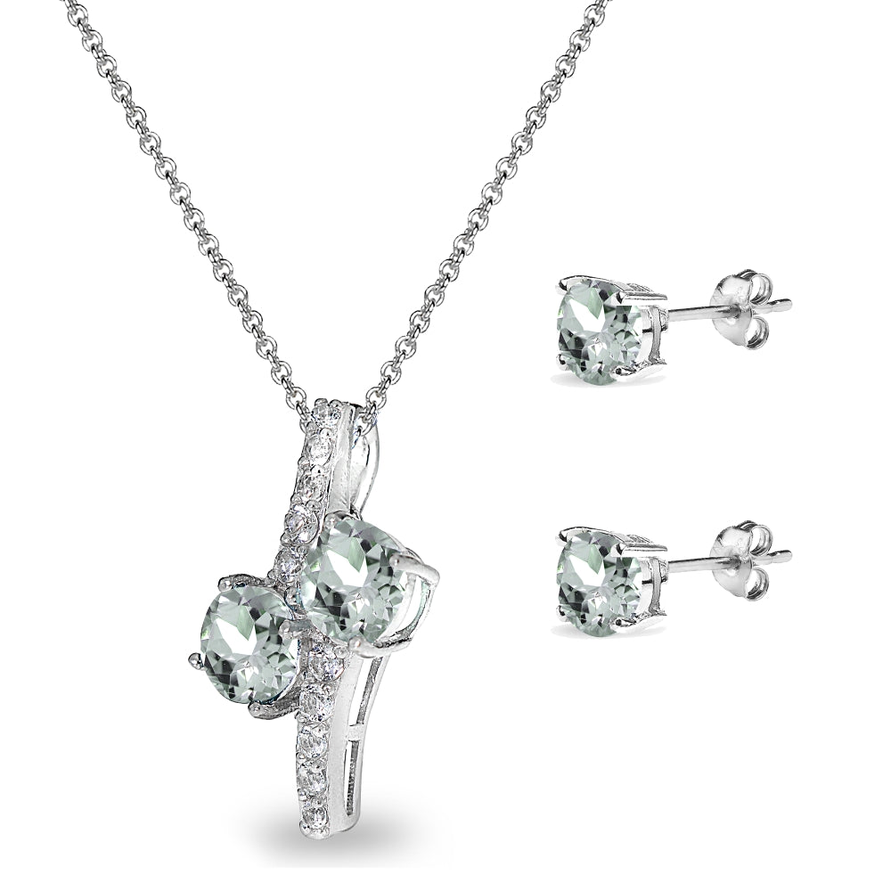 Sterling Silver Light Aquamarine Round Stud Earrings & Friendship Necklace Set-2
