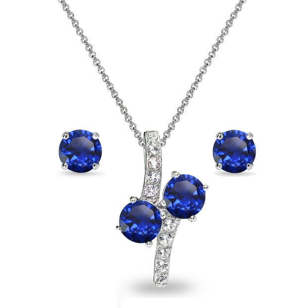Sterling Silver Created Blue Sapphire Round Stud Earrings & Friendship Necklace Set