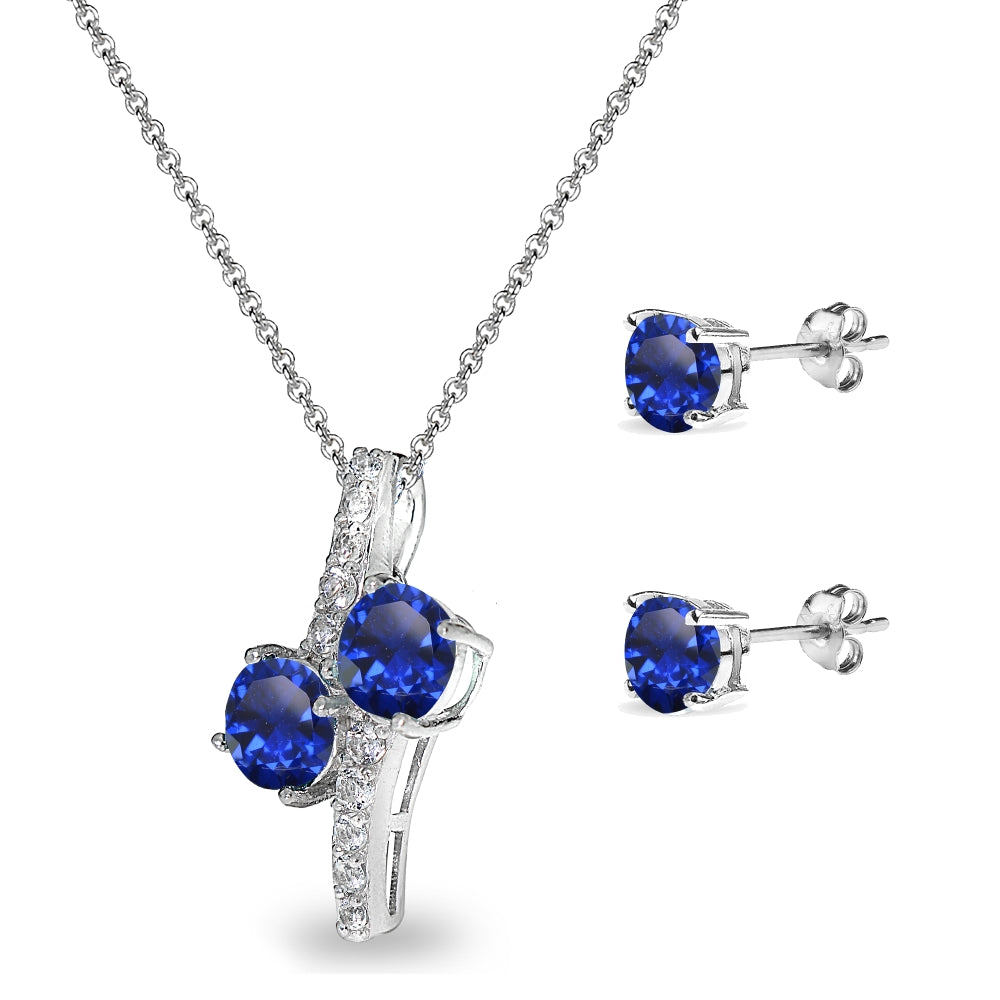 Sterling Silver Created Blue Sapphire Round Stud Earrings & Friendship Necklace Set-2