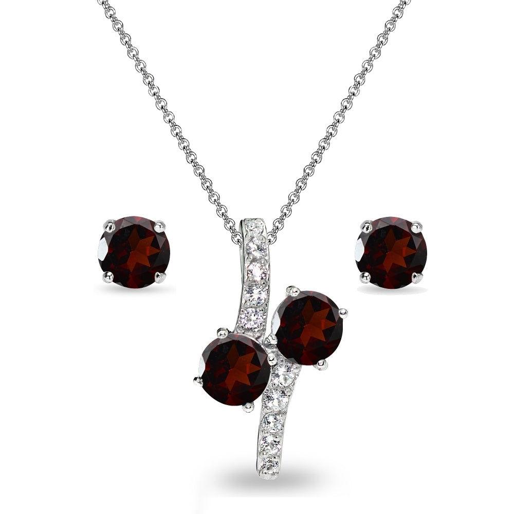Sterling Silver Garnet Round Stud Earrings & Friendship Necklace Set