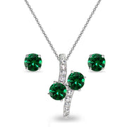 Sterling Silver Created Emerald Round Stud Earrings & Friendship Necklace Set