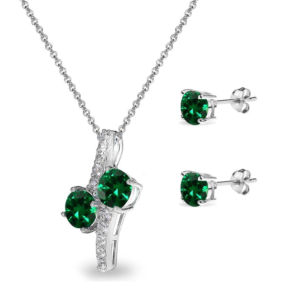 Sterling Silver Created Emerald Round Stud Earrings & Friendship Necklace Set-2