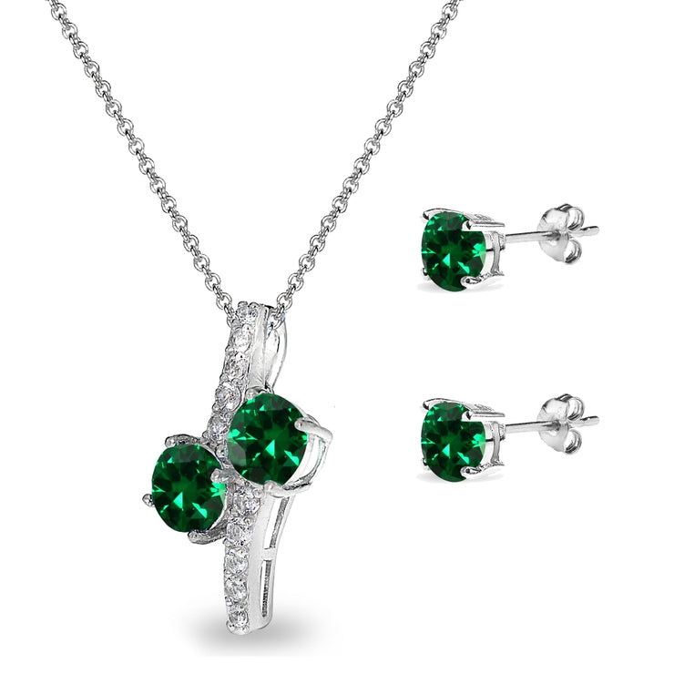 Sterling Silver Created Emerald Round Stud Earrings & Friendship Necklace Set