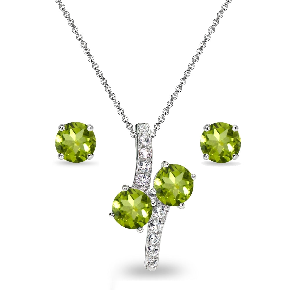 Sterling Silver Peridot Round Stud Earrings & Friendhip Necklace Set