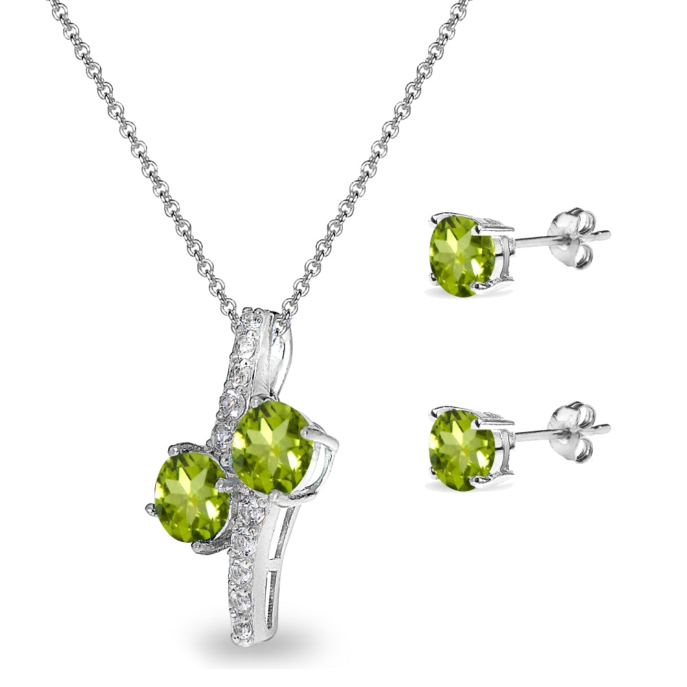Sterling Silver Peridot Round Stud Earrings & Friendhip Necklace Set-2