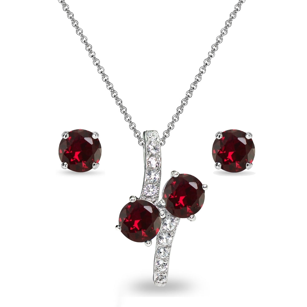 Sterling Silver Created Ruby Round Stud Earrings & Friendhip Necklace Set