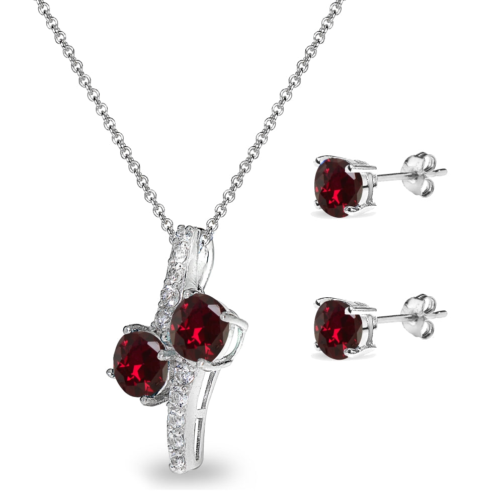Sterling Silver Created Ruby Round Stud Earrings & Friendhip Necklace Set-2