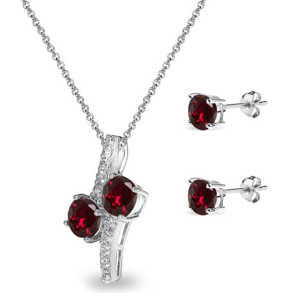 Sterling Silver Created Ruby Round Stud Earrings & Friendhip Necklace Set