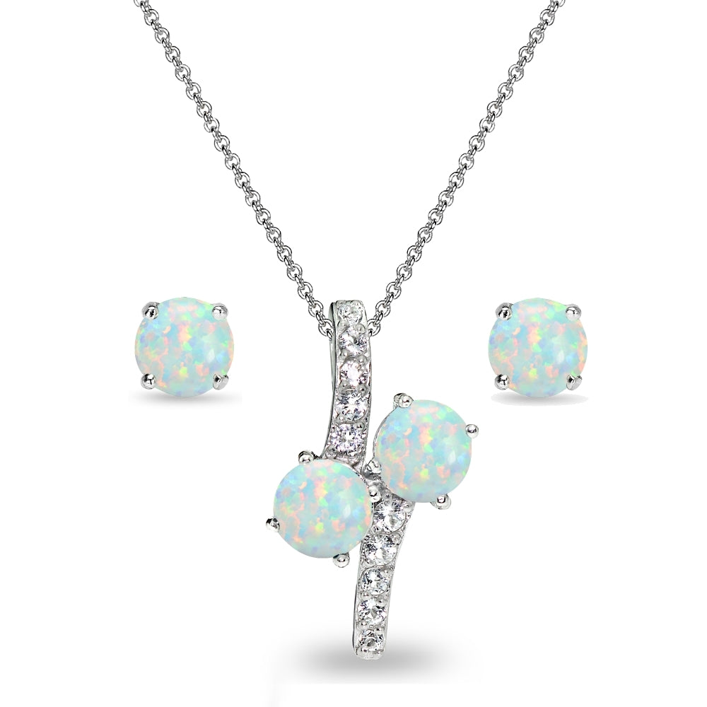 Sterling Silver Created White Opal Round Stud Earrings & Friendship Necklace Set
