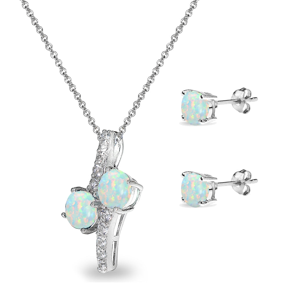 Sterling Silver Created White Opal Round Stud Earrings & Friendship Necklace Set-2