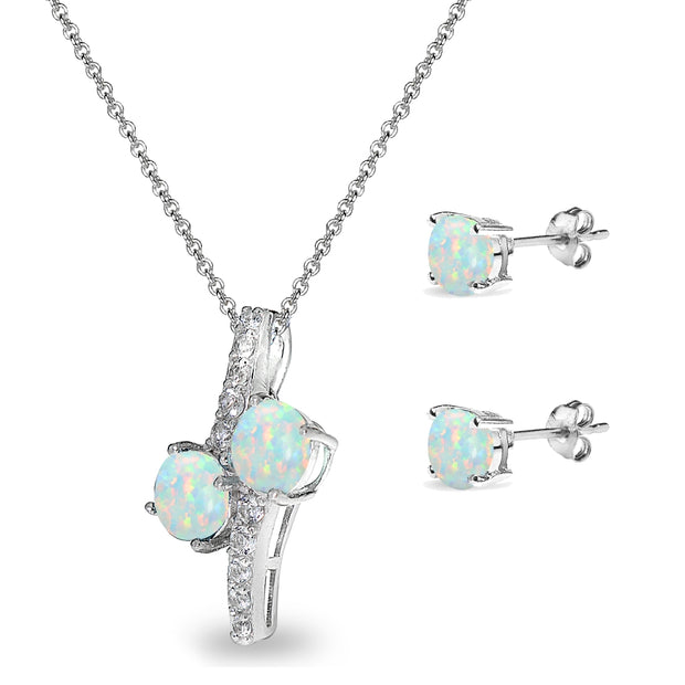 Sterling Silver Created White Opal Round Stud Earrings & Friendship Necklace Set