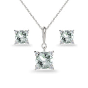 Sterling Silver Light Aquamarine Studded Solitaire Necklace & Stud Earrings Set