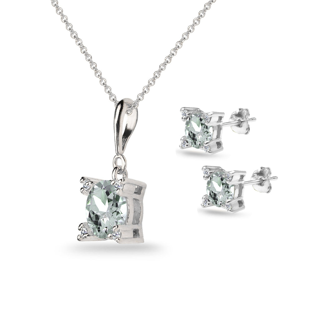 Sterling Silver Light Aquamarine Studded Solitaire Necklace & Stud Earrings Set-2