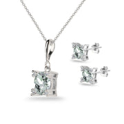 Sterling Silver Light Aquamarine Studded Solitaire Necklace & Stud Earrings Set