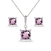 Sterling Silver Created Alexandrite Studded Solitaire Necklace & Stud Earrings Set