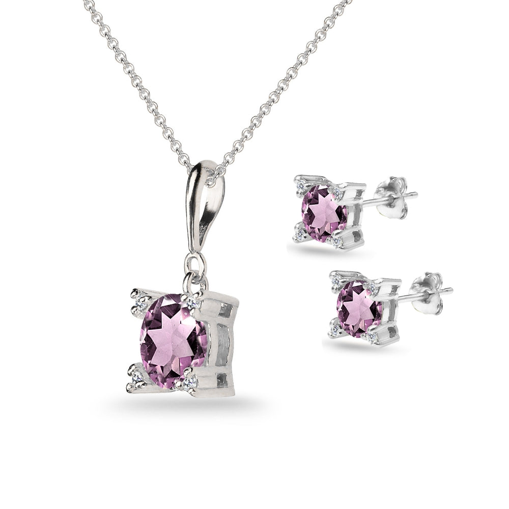 Sterling Silver Created Alexandrite Studded Solitaire Necklace & Stud Earrings Set-2