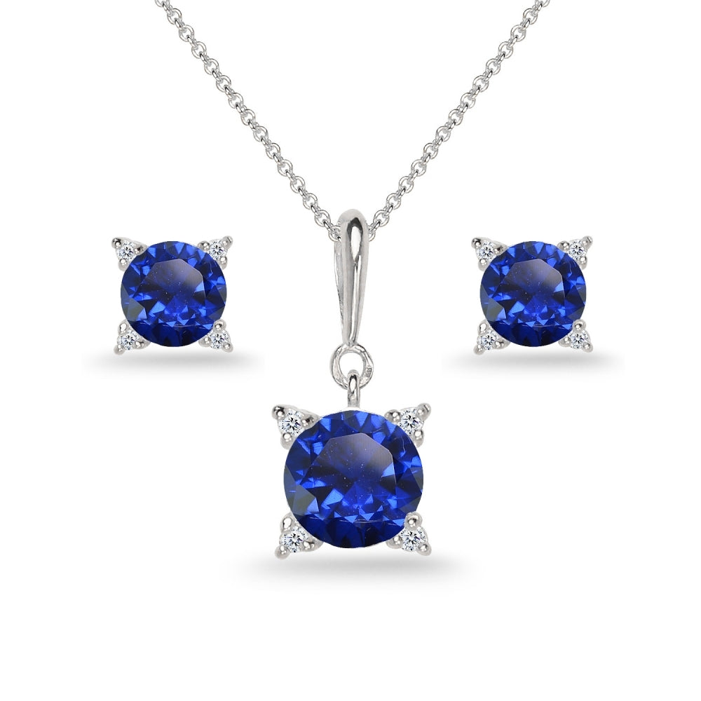 Sterling Silver Created Blue Sapphire Studded Solitaire Necklace & Stud Earrings Set