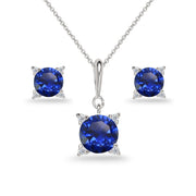 Sterling Silver Created Blue Sapphire Studded Solitaire Necklace & Stud Earrings Set