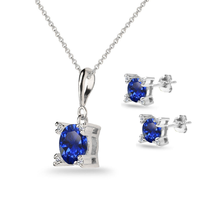 Sterling Silver Created Blue Sapphire Studded Solitaire Necklace & Stud Earrings Set