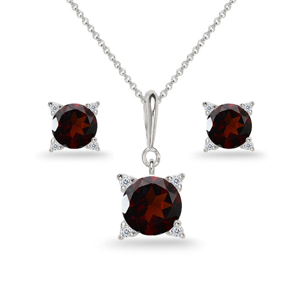 Sterling Silver Garnet Studded Solitaire Necklace & Stud Earrings Set