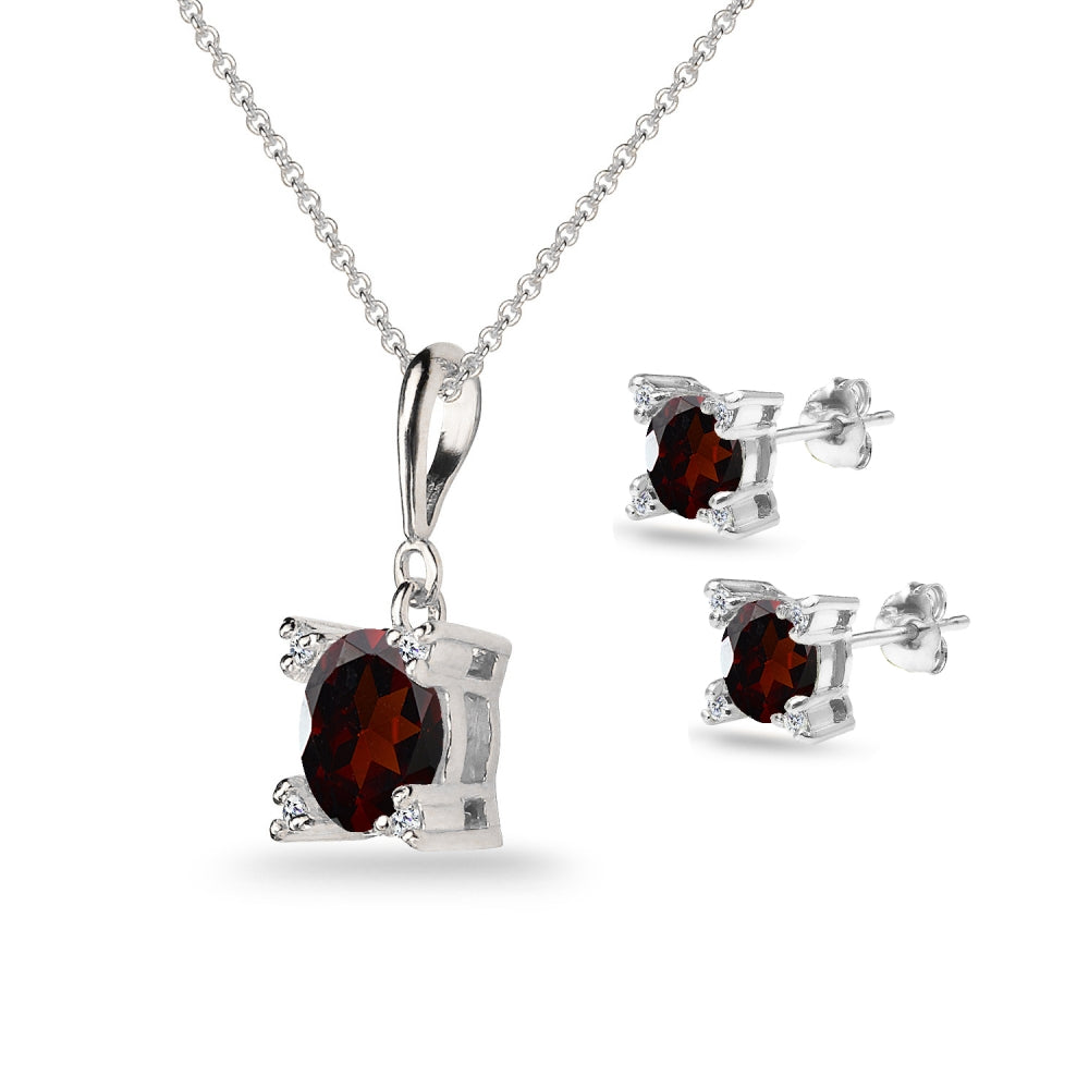 Sterling Silver Garnet Studded Solitaire Necklace & Stud Earrings Set-2