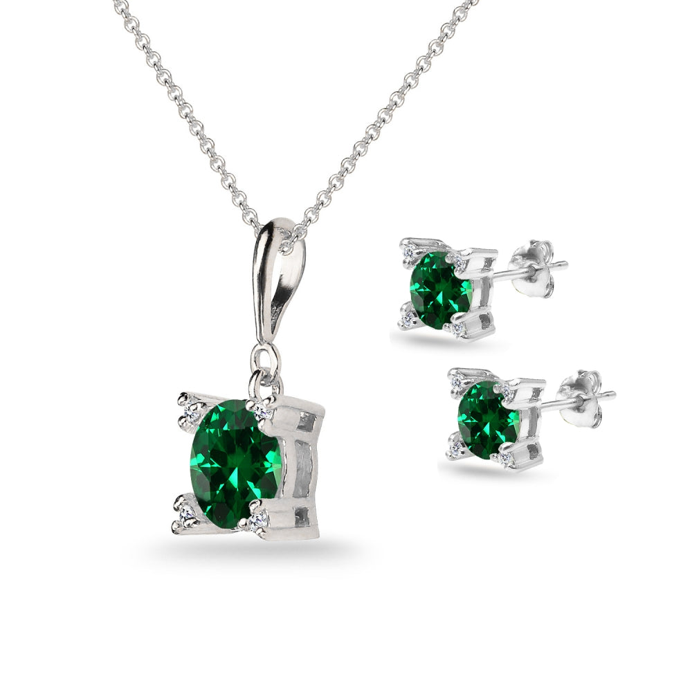 Sterling Silver Simulated Emerald Studded Solitaire Necklace & Stud Earrings Set-2