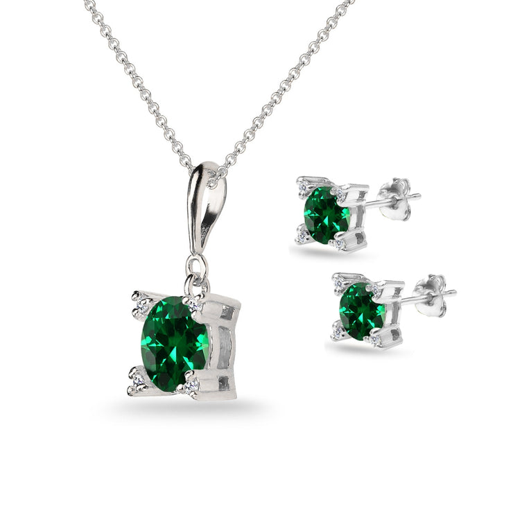 Sterling Silver Simulated Emerald Studded Solitaire Necklace & Stud Earrings Set