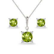 Sterling Silver Peridot Studded Solitaire Necklace & Stud Earrings Set