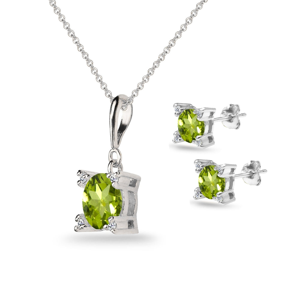 Sterling Silver Peridot Studded Solitaire Necklace & Stud Earrings Set-2