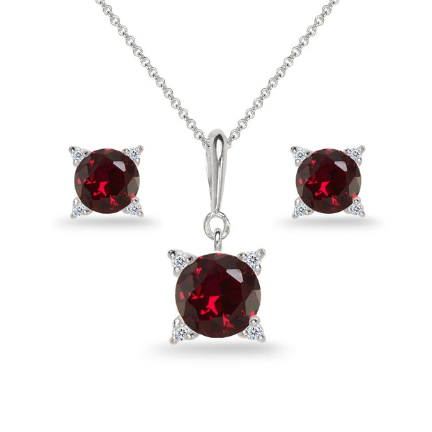 Sterling Silver Created Ruby Studded Solitaire Necklace & Stud Earrings Set