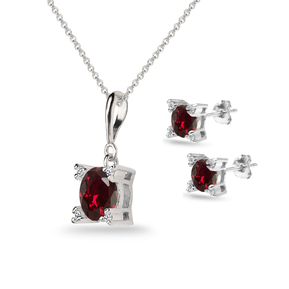 Sterling Silver Created Ruby Studded Solitaire Necklace & Stud Earrings Set-2