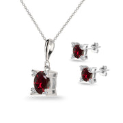 Sterling Silver Created Ruby Studded Solitaire Necklace & Stud Earrings Set