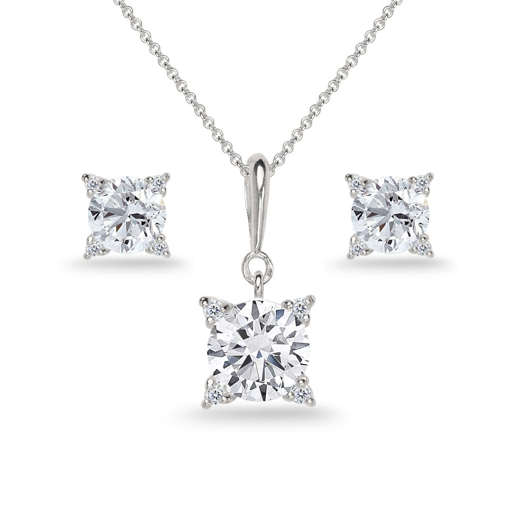 Sterling Silver Cubic Zirconia Studded Solitaire Necklace & Stud Earrings Set