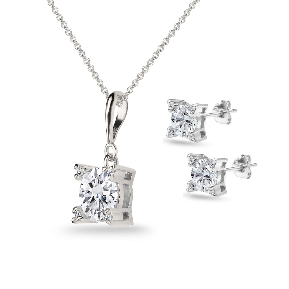 Sterling Silver Cubic Zirconia Studded Solitaire Necklace & Stud Earrings Set-2