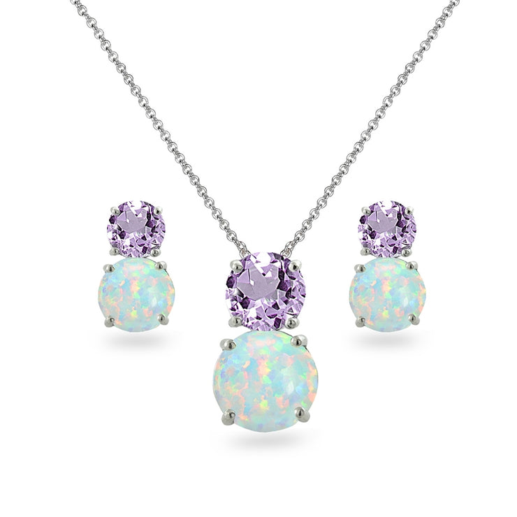 Sterling Silver Amethyst & Created Opal Double Round Stud Earrings & Necklace Set