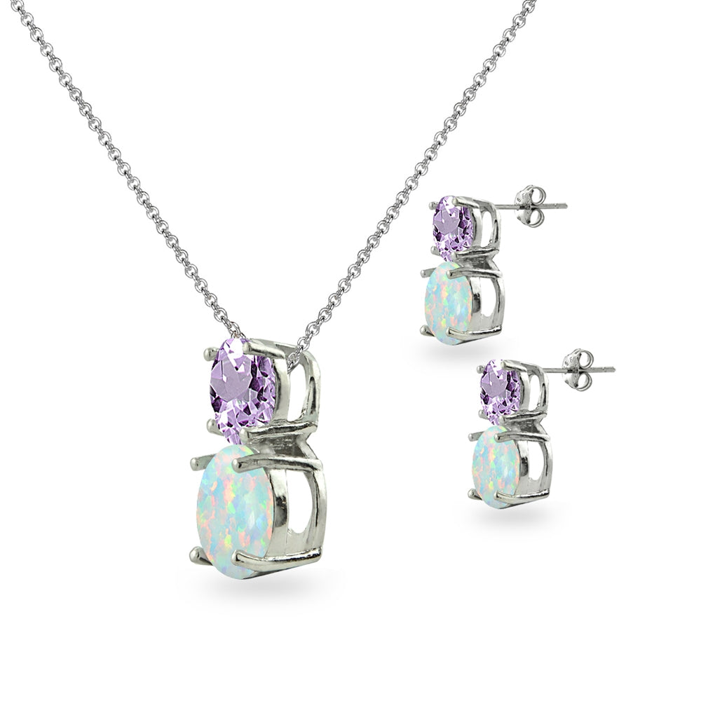 Sterling Silver Amethyst & Created Opal Double Round Stud Earrings & Necklace Set-2