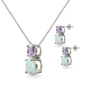 Sterling Silver Amethyst & Created Opal Double Round Stud Earrings & Necklace Set