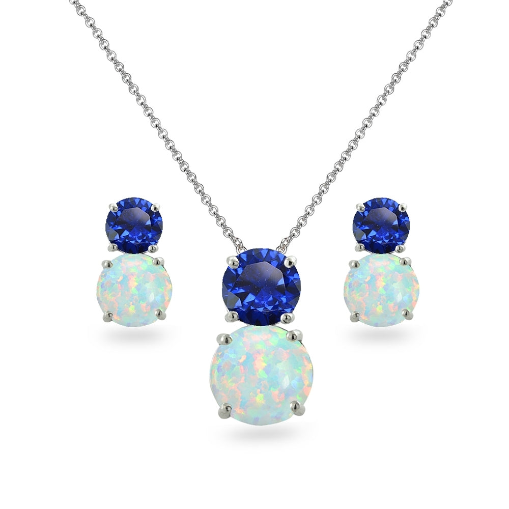 Sterling Silver Created Blue Sapphire & Created Opal Double Round Stud Earrings & Necklace Set