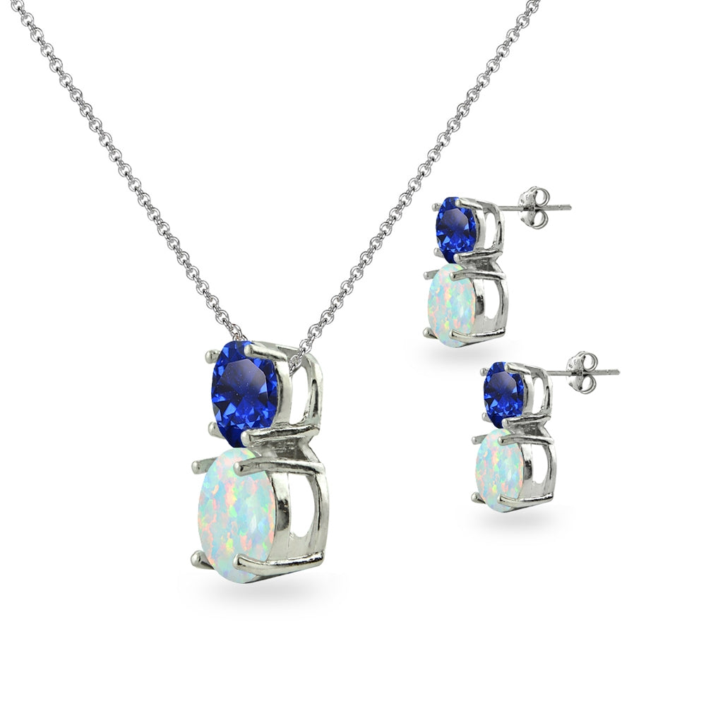 Sterling Silver Created Blue Sapphire & Created Opal Double Round Stud Earrings & Necklace Set-2