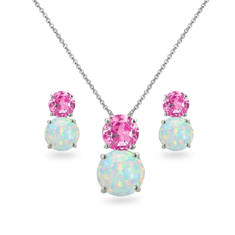Sterling Silver Created Pink Sapphire & Created Opal Double Round Stud Earrings & Necklace Set