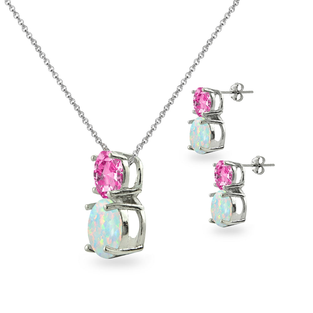 Sterling Silver Created Pink Sapphire & Created Opal Double Round Stud Earrings & Necklace Set-2